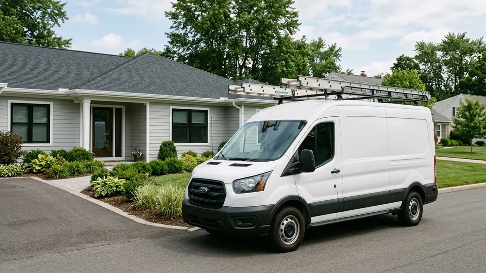Professional contractor service van with extension ladders parked outside residential home