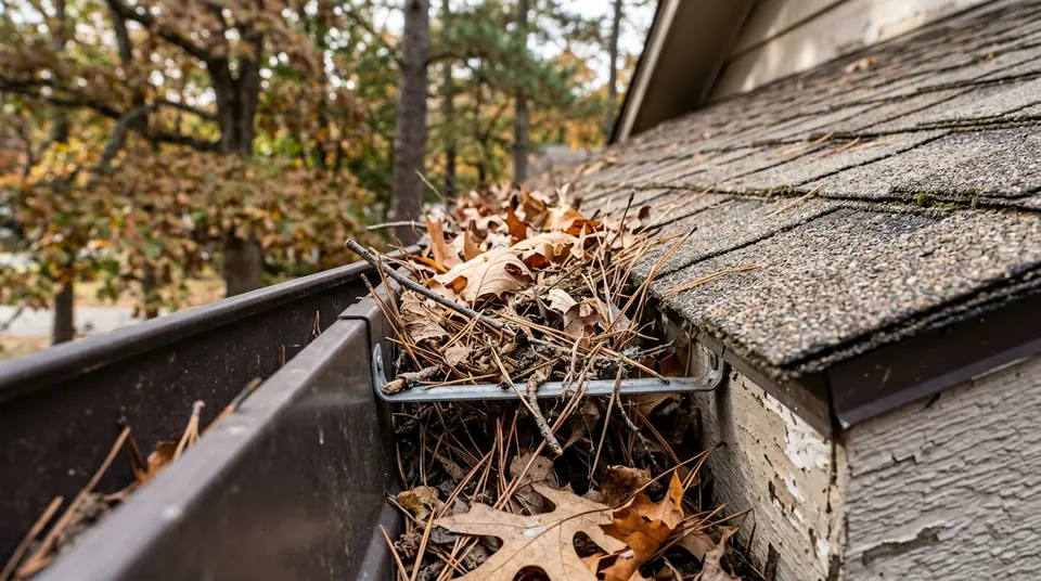 Dry oak leaves and pine needles accumulating in residential rain gutter