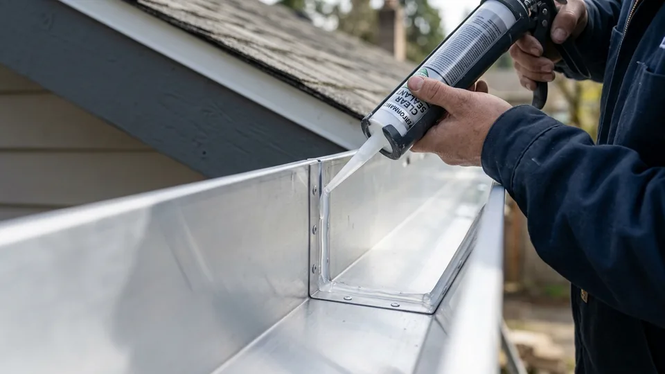 Technician applying waterproof elastomeric sealant to aluminum gutter corner miter joint