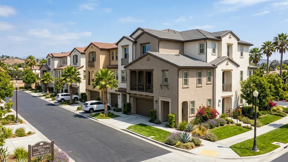 Multi-family HOA townhome complex with clean rain gutters along rooflines