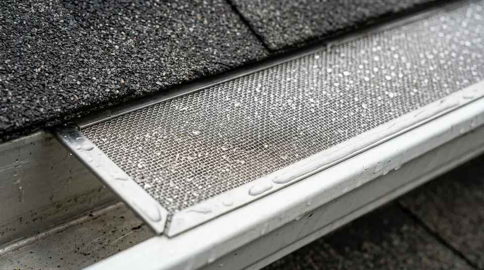 Stainless steel micro-mesh gutter guard installed over aluminum rain gutter