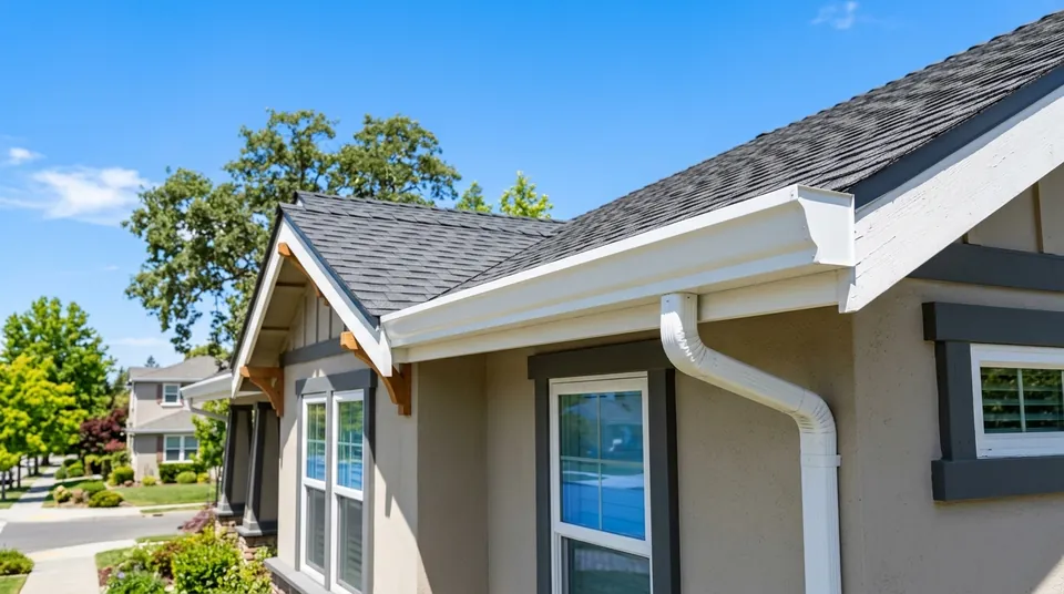 Clean seamless aluminum rain gutters along roofline of single-story home