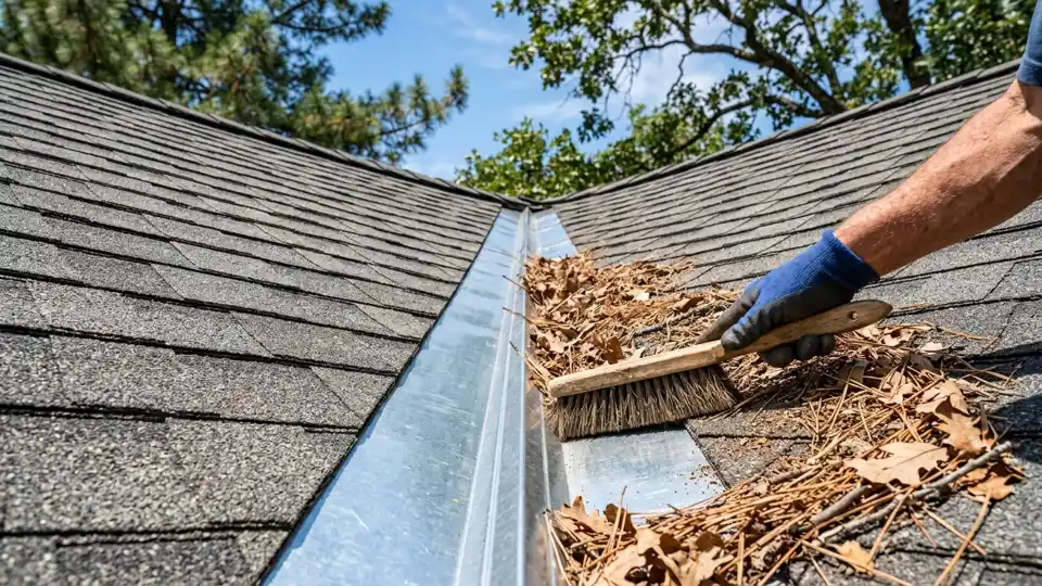 Clearing dry oak leaves and pine needles from residential roof valley and metal flashing