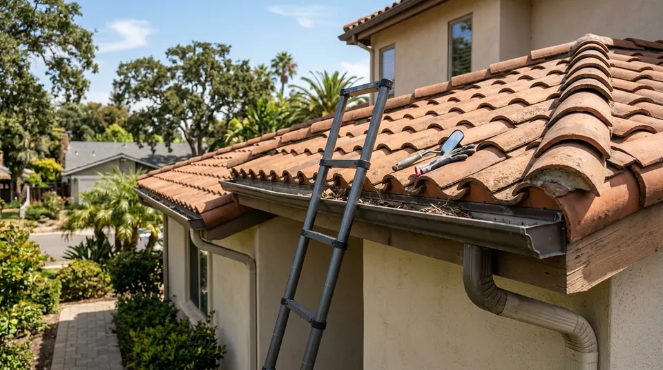 Tile roof gutter inspection and hand clearing using ladder standoff stabilizer